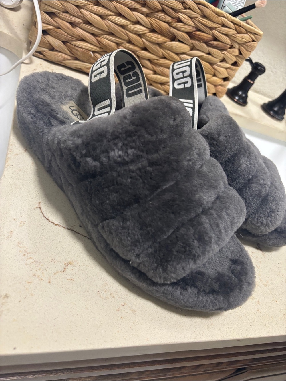 UGG Charcoal Fluff Slide Shearling Backstrap Slippers